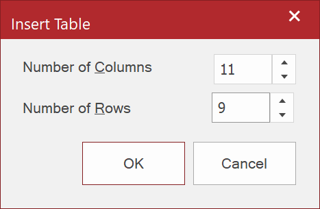 Insert Table Pop-up Dialog