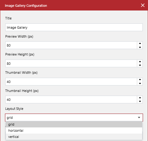 The Layout Style drop-down list in the Image Gallery Configuration pop-up dialog