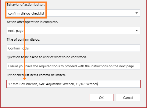 The List of checklist items comma delimited field in the Action Button Configuration pop-up dialog