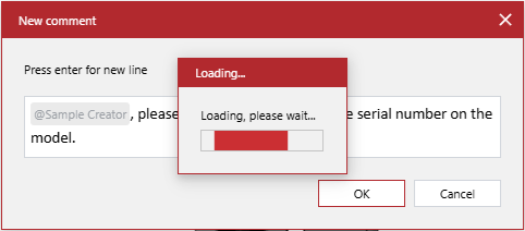 The Loading pop-up dialog on top of the populated New Comment pop-up dialog