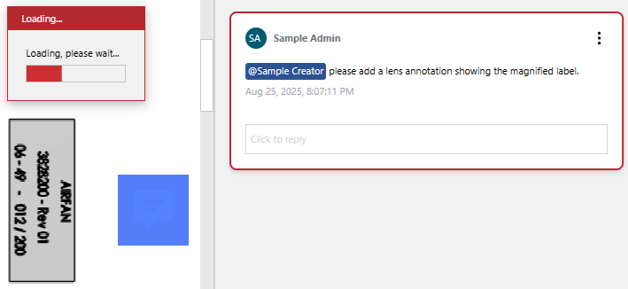 The Loading pop-up dialog over the page and the comment thread without the deleted reply