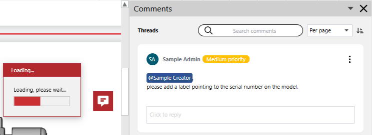 The Loading pop-up dialog over the page and the new priority on the comment thread title bar