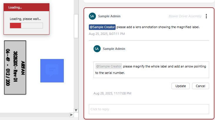 The Loading pop-up dialog over the page and an unsaved updated comment thread reply