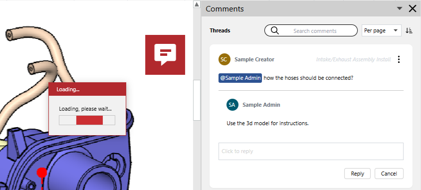 The Loading pop-up dialog over the page when reopening the resolved comment thread