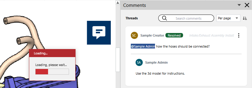 The Loading pop-up dialog over the page when resolving the comment thread