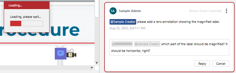 The Loading pop-up dialog when creating a new reply in a comment thread