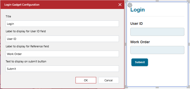 The Login Gadget Configuration pop-up dialog for the Login login gadget