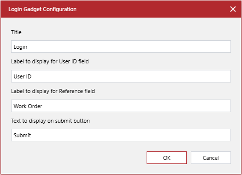 The Login Gadget Configuration pop-up dialog with the default settings