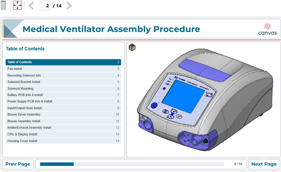 A table of contents gadget for the Medical Ventilator Assembly Procedure