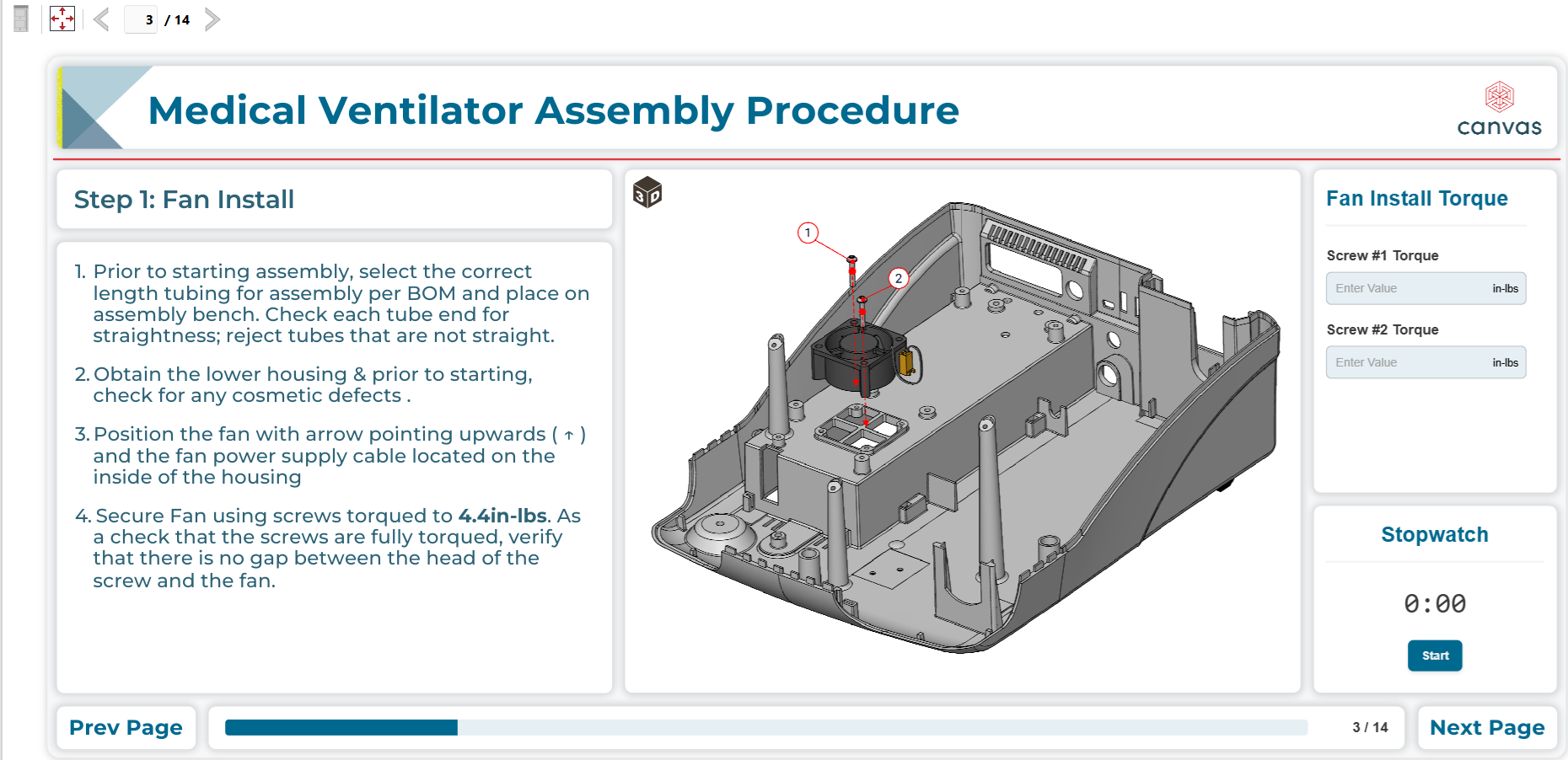 The progress bar displays the 3/14 page progress of the Medical Ventilator Assembly Procedure