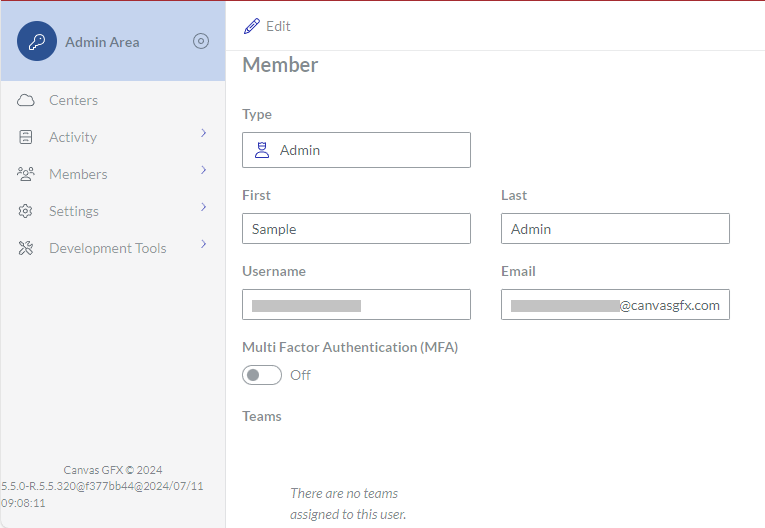 Member Page with the Admin Area Sidebar