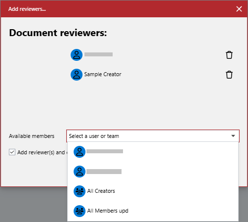 The Members moved from the drop-down list to the reviewers roster in the Add reviewer(s) pop-up dialog