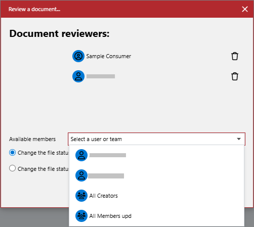 The Members moved from the drop-down list to the reviewers roster in the Review a document pop-up dialog