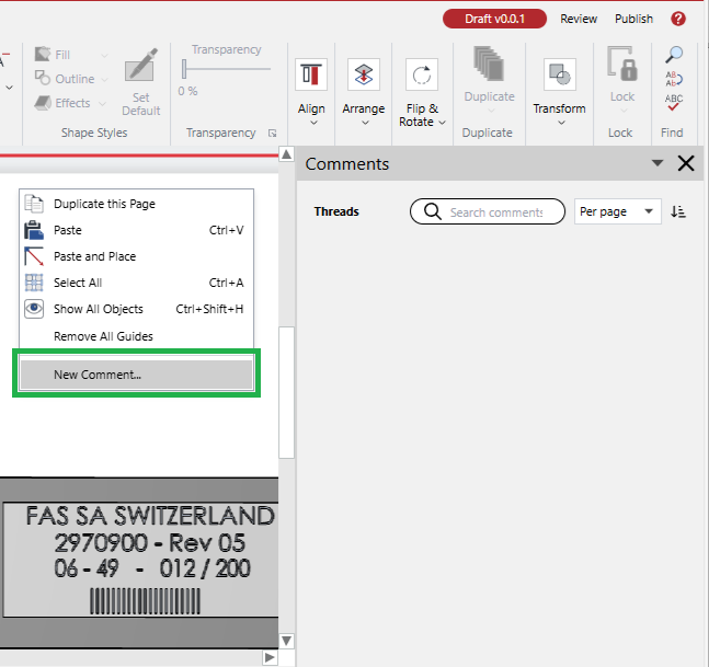 The New Comment command in the context-sensitive menu on a page without comments in the Canvas Envision Creator
