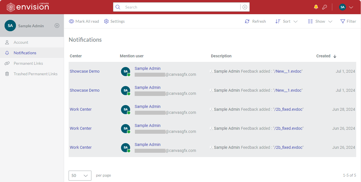 Notifications page