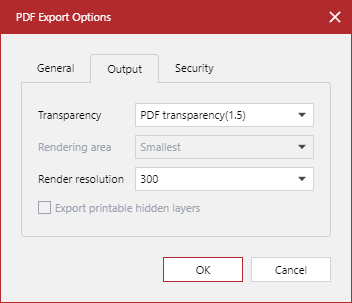Output Tab of the PDF export options Pop-up Dialog