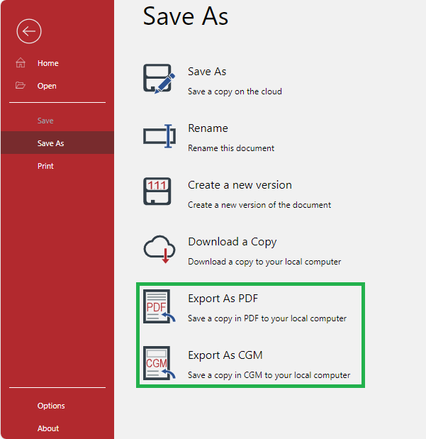 The Export as PDF and Export as CGM Rows on the Save As Screen