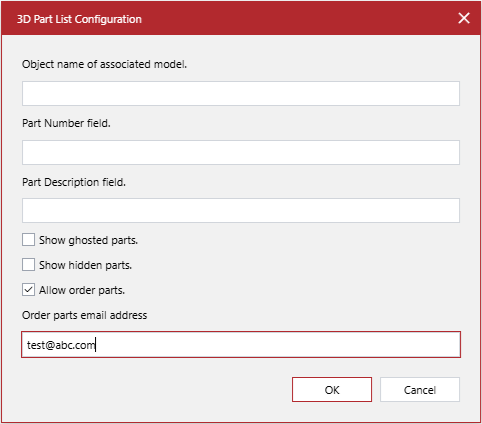 The Order parts email address field in the 3D Part List Configuration pop-up dialog