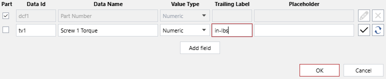 Populating the Trailing Label property of a new data capture field in the Data Capture Gadget Configuration pop-up dialog