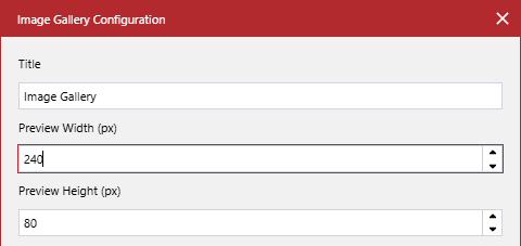 The Preview Width (px) and Preview Height (px) fields in the Image Gallery Configuration pop-up dialog
