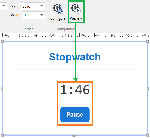 The Preview button in the Configuration panel of the Gadget contextual ribbon tab activates the interactive viewing mode for a stopwatch gadget