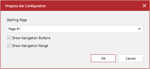 The Progress Bar Configuration pop-up dialog with the default settings