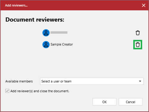 The Remove button in the Add reviewer(s) pop-up dialog for a reviewer who should not be a document reviewer