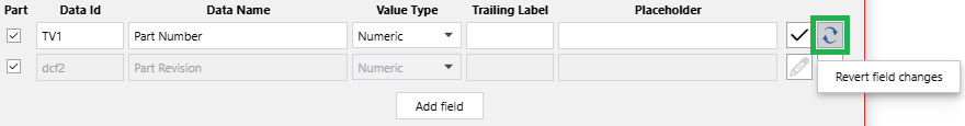 The Revert field changes button in the Data Capture Gadget Configuration pop-up dialog