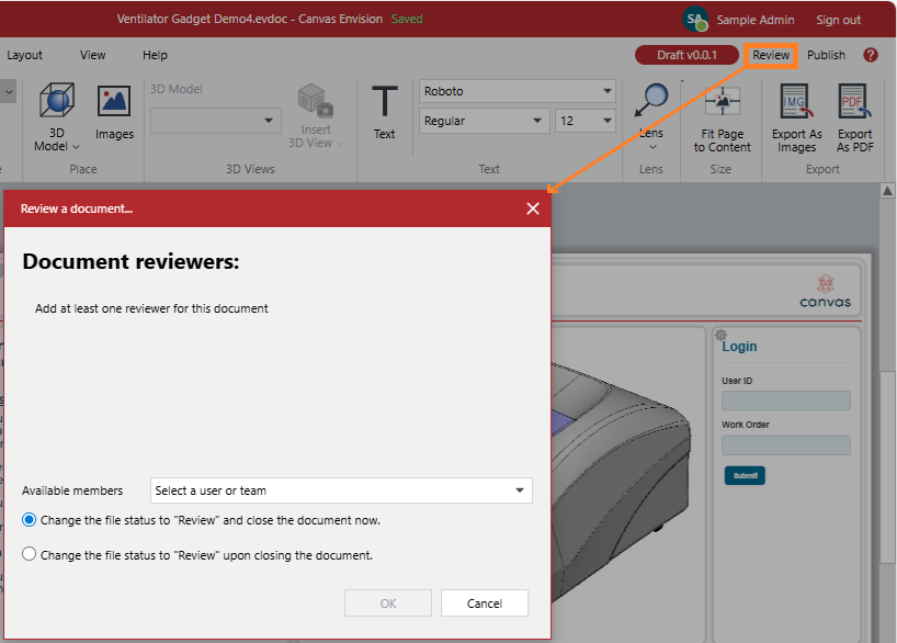 The Review button on the ribbon shows the Review a document pop-up dialog