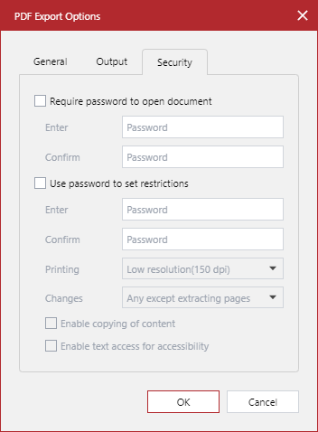 Security Tab of the PDF export options Pop-up Dialog