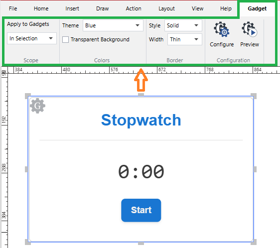 Selecting a gadget shows the Gadget contextual ribbon tab