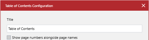 The Show page numbers alongside page names checkbox in the Table of Contents Configuration pop-up dialog