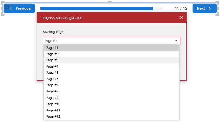The Starting Page drop-down list in the Progress Bar Configuration pop-up dialog