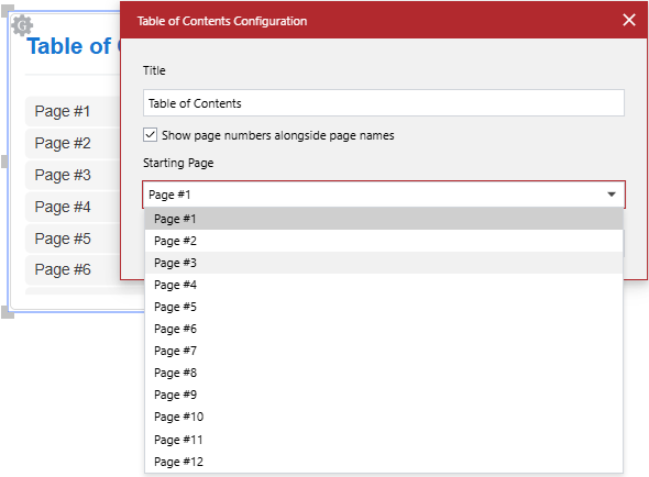 The Starting Page drop-down list in the Table of Contents Configuration pop-up dialog