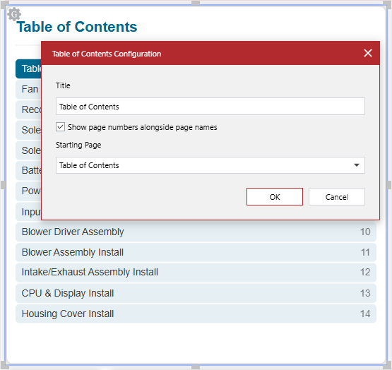 The Table of Contents Configuration pop-up dialog for a TOC gadget