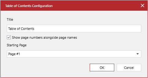 The Table of Contents Configuration pop-up dialog with the default settings