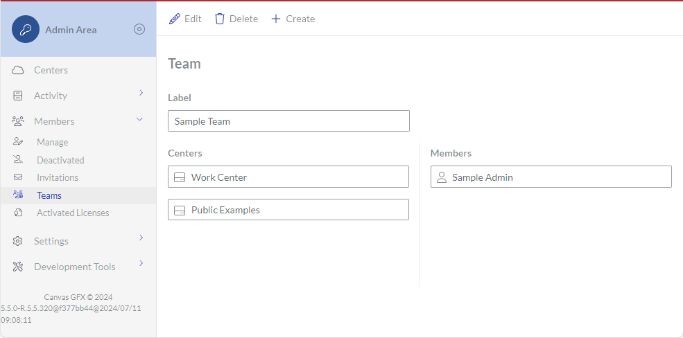 Team Page with the Admin Area Sidebar
