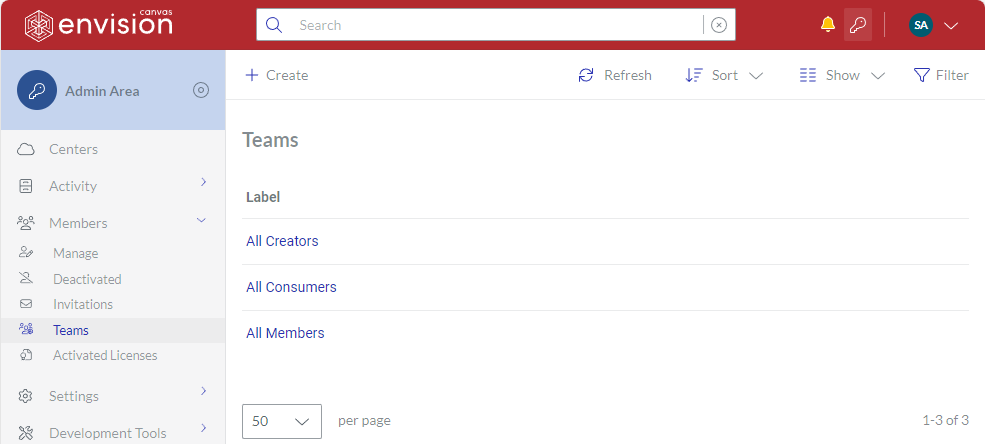 Teams page