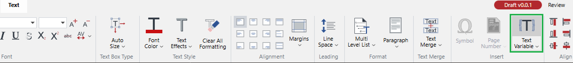 The Text Variable split button on the Insert pane of the Text ribbon tab