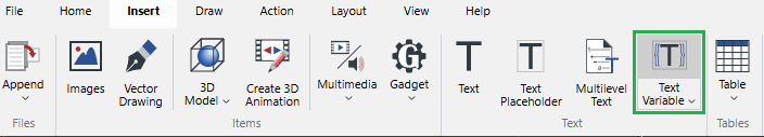 The Text Variable split button on the Text pane of the Insert ribbon tab