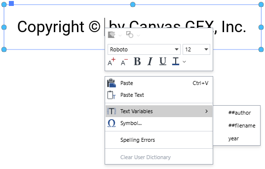 The Text Variables command on the text-editing context-sensitive menu