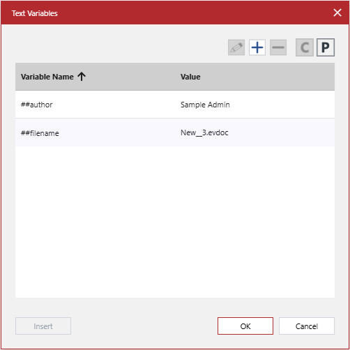 The Text Variables pop-up dialog with the default ##author and ##filename text variables