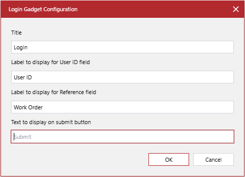 The Text to display on submit button field in the Login Gadget Configuration pop-up dialog