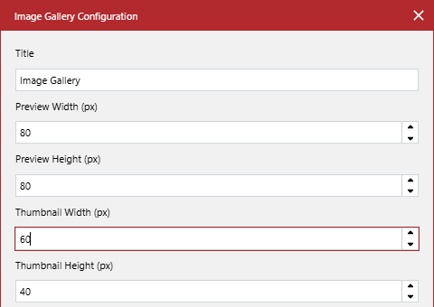 The Thumbnail Width (px) and Thumbnail Height (px) fields in the Image Gallery Configuration pop-up dialog