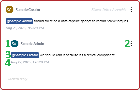 The UI components of a comment thread reply