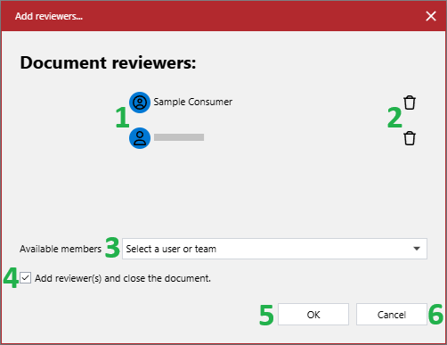 The UI elements of the Add reviewers pop-up dialog