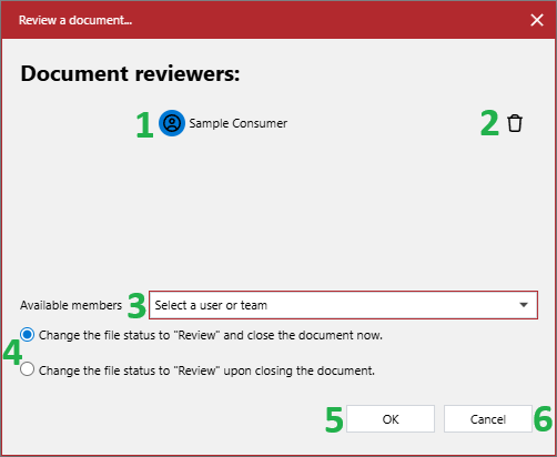 The UI elements of the Review a document pop-up dialog