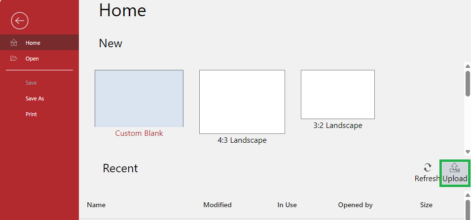 Upload button on the Home Screen