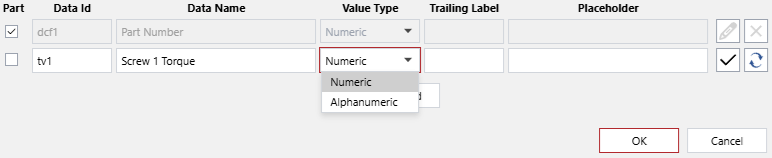 The Value Type drop-down list of a new data capture field in the Data Capture Gadget Configuration pop-up dialog