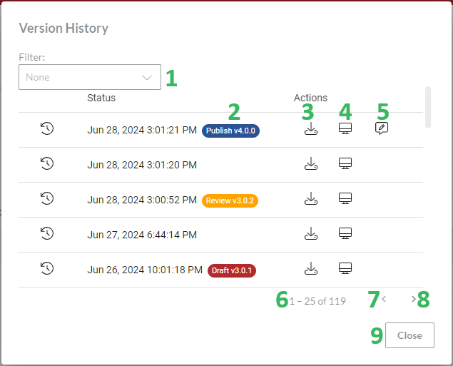 Version History Action Menu Button
